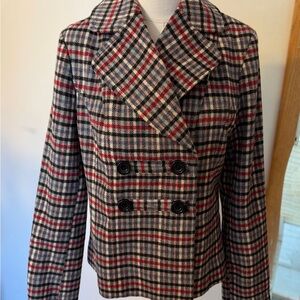 Tulle at Anthropologie Plaid Double-Breasted Blazer in Red, Black & Cream